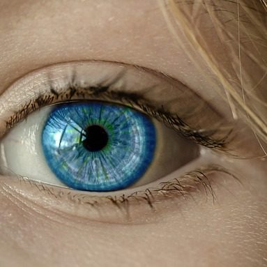 Das Auge und die Blue Iris einer blonden Frau